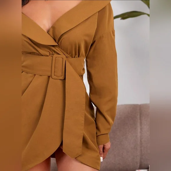 Belted Foldover Off-The-Shoulder Wrap Dress - Picture 4 of 5